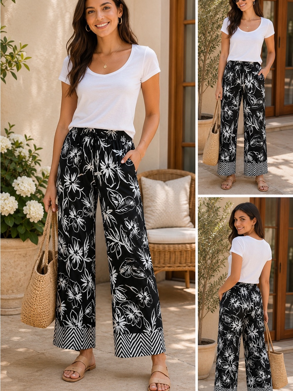 Melissa Paige Petite Black & White Floral Pull-On Pants – Petite Large - Picture 3 of 3